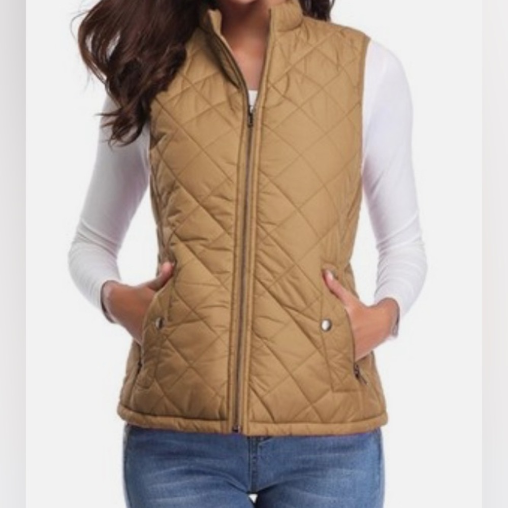 Fuinloth Women's Quilted Vest, Stand Collar Lightweight Zip Padded Gilet Camel
